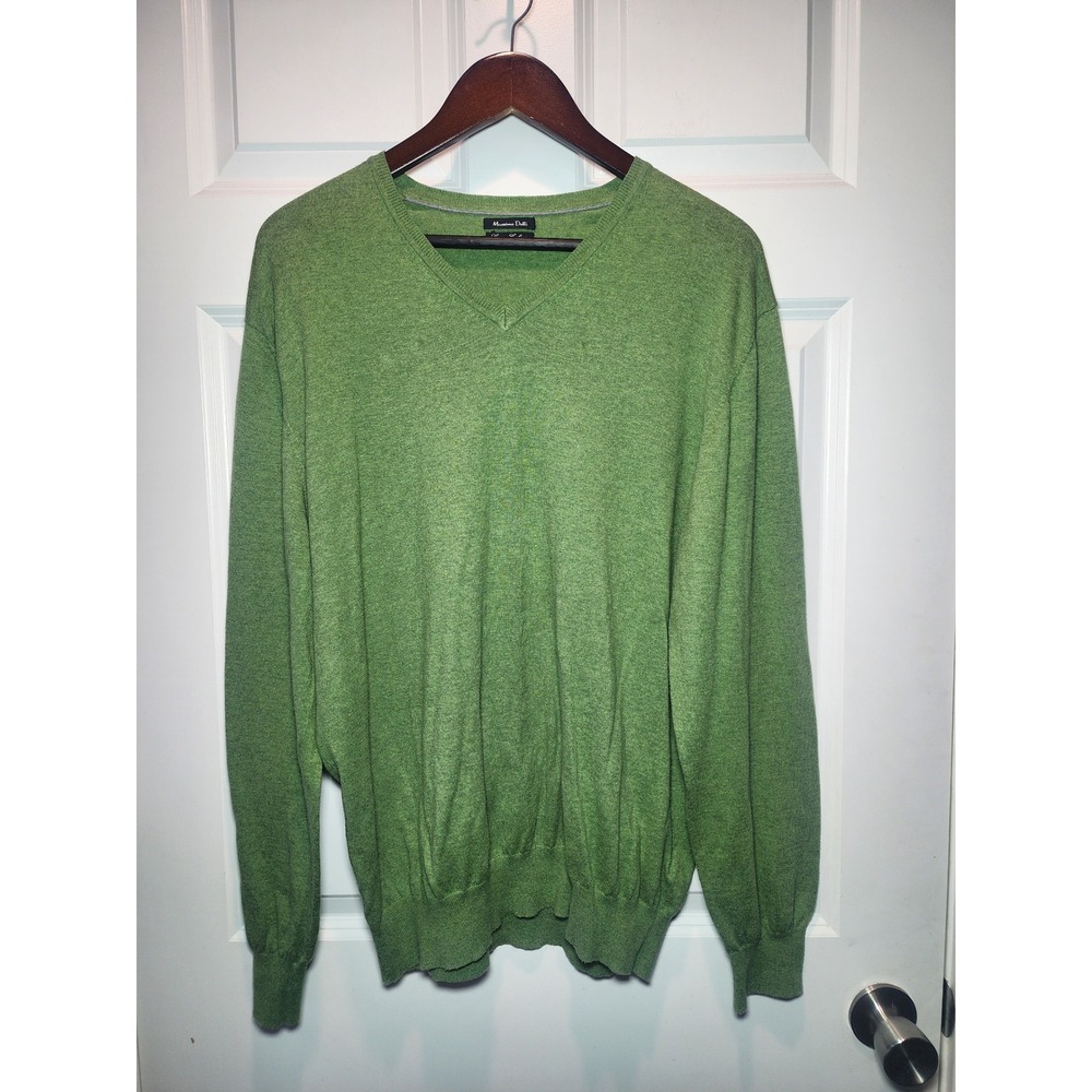 Massimo Dutti Mens Green Cotton Cashmere V-Neck Sweater Size XL Knit Pullover